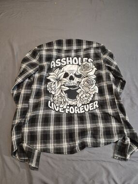 Black & White Plaid Lightweight Men's Shirt Jacket with Skull Graphic And Stash